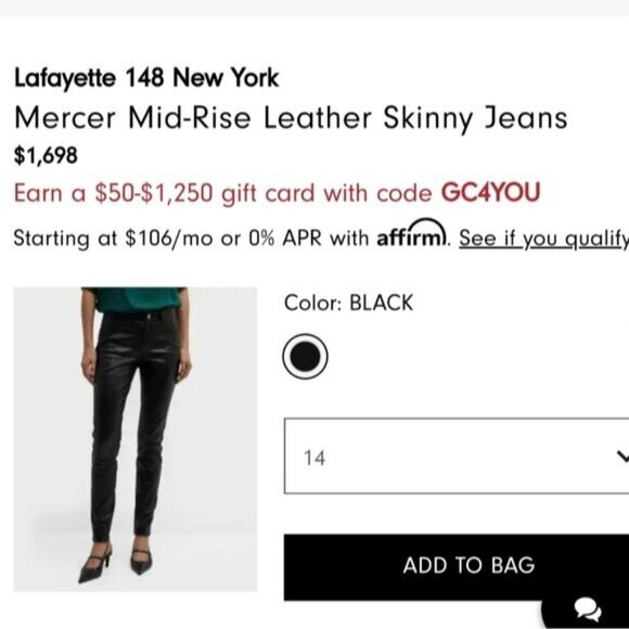 Lafayette 148 New York Black Leather Skinny Jeans Size 14 Mercer - Picture 6 of 7